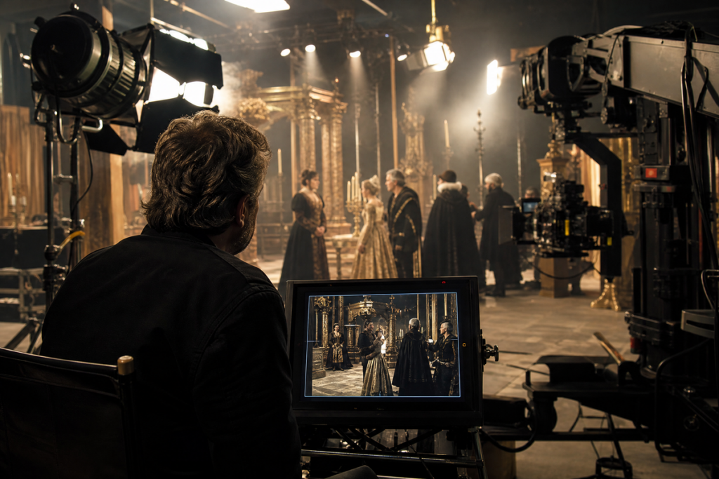 Réalisateur observant un plateau de tournage depuis le moniteur vidéo