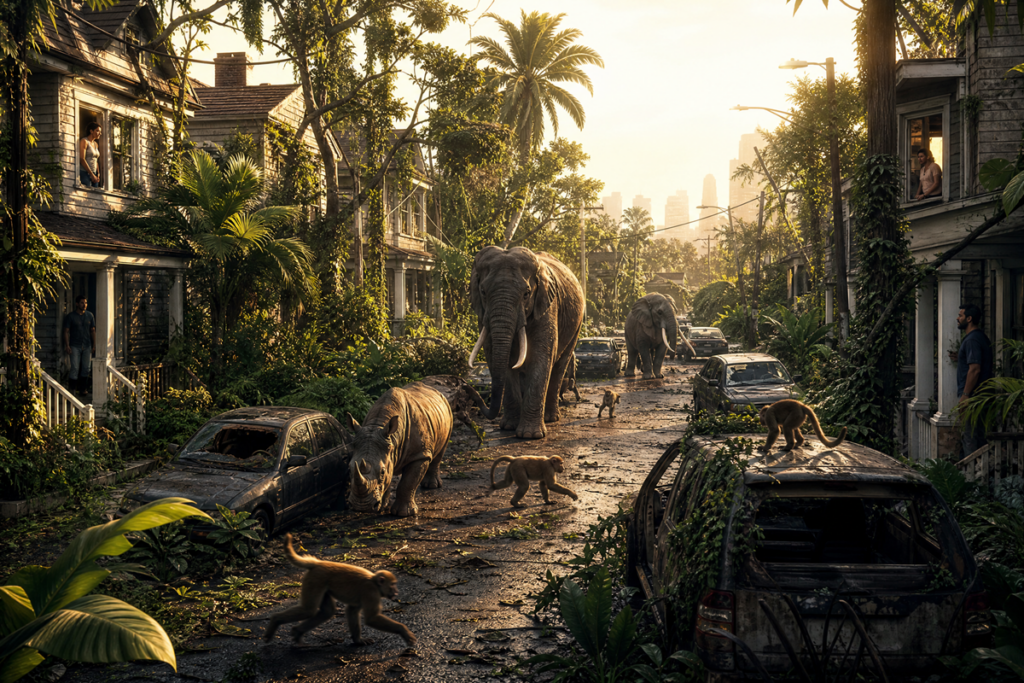 Rue résidentielle américaine envahie par la jungle et des animaux sauvages