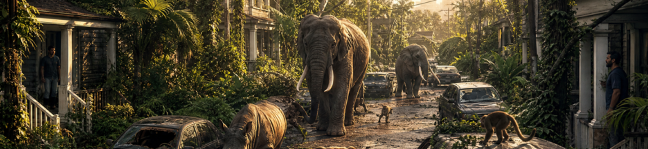 Rue résidentielle américaine envahie par la jungle et des animaux sauvages