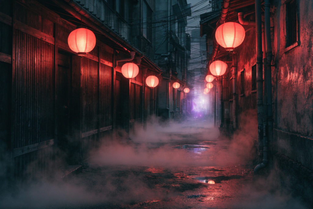 Une ruelle japonaise déserte la nuit éclairée par des lanternes rouges
