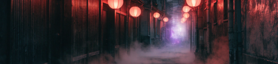 Une ruelle japonaise déserte la nuit éclairée par des lanternes rouges