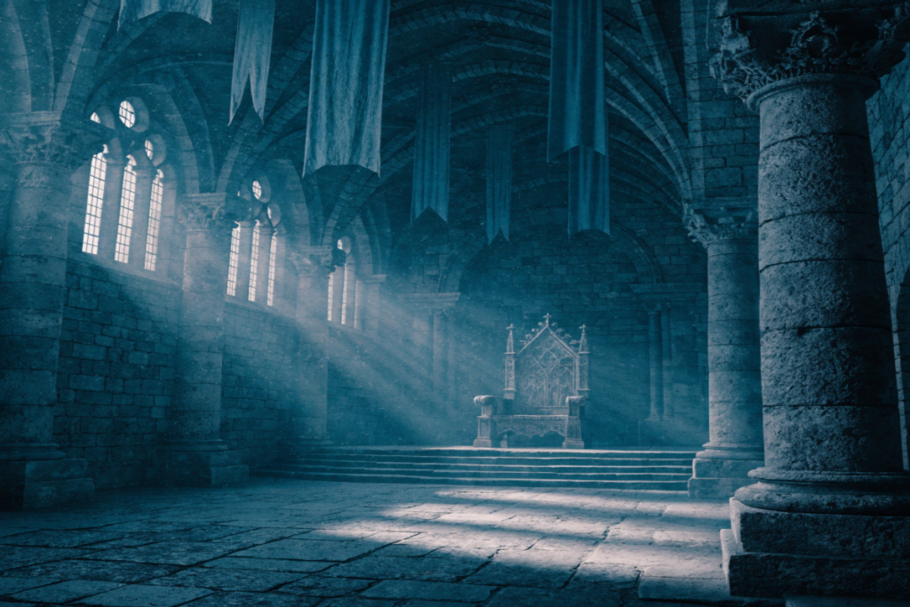 Une salle du trône médiévale vide traversée par des rais de lumière rappelant la serie House of the dragons