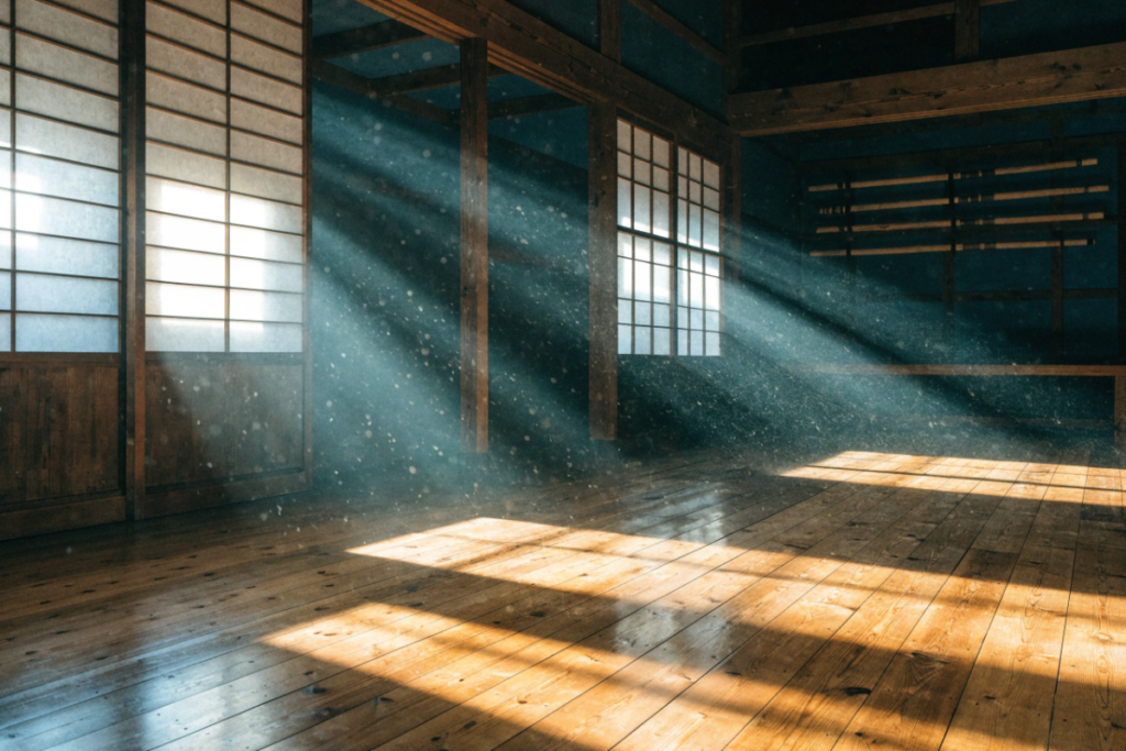 Un dojo japonais vide au lever du jour avec des sabres de bois