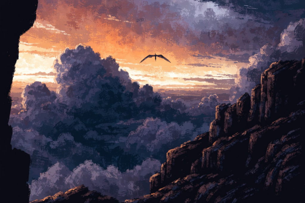 Une silhouette ailée au loin dans un ciel d'orage