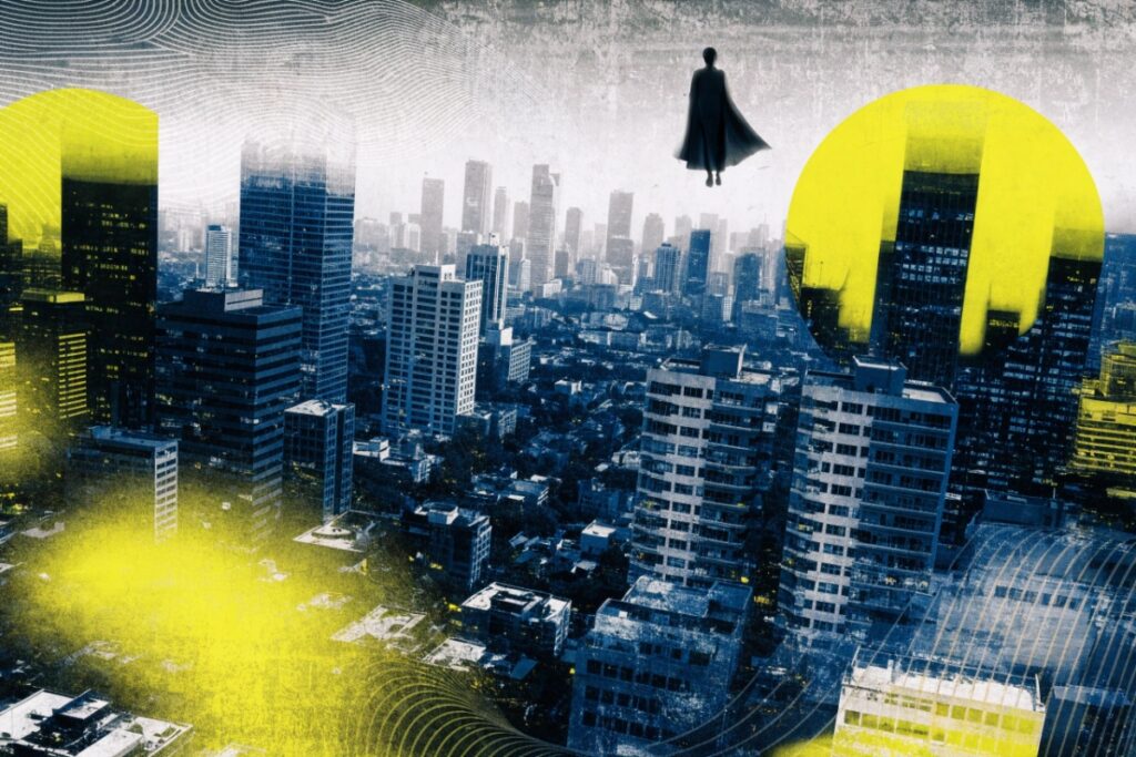 Une silhouette dans le ciel au-dessus d’une ville futuriste la nuit