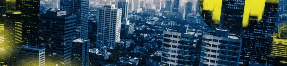 Une silhouette dans le ciel au-dessus d’une ville futuriste la nuit