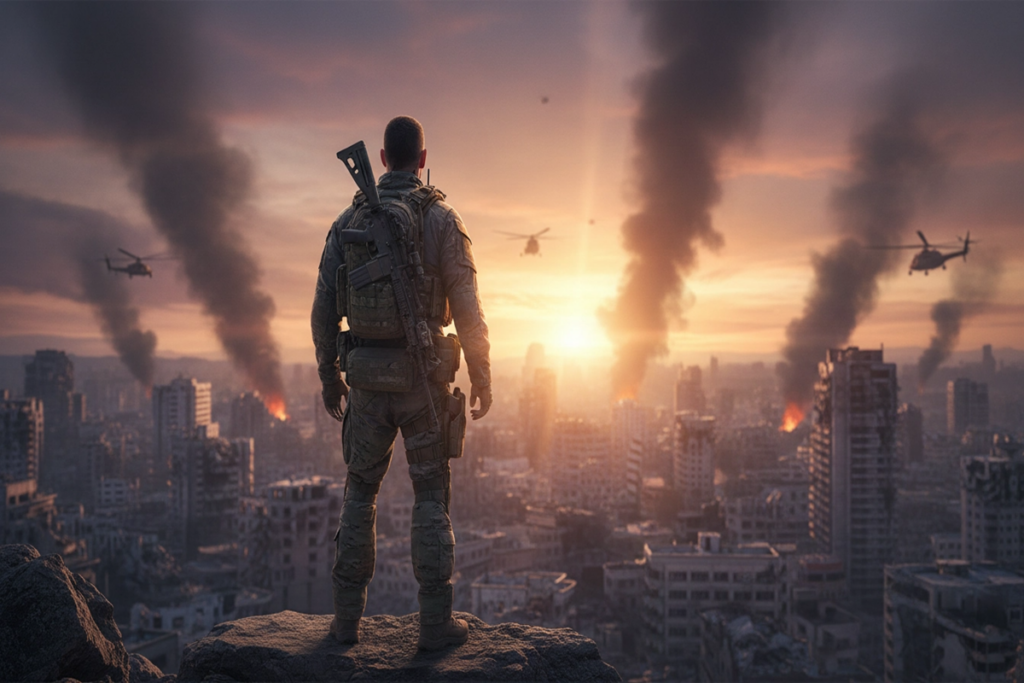 Soldat d'élite contemplant une ville dévastée
