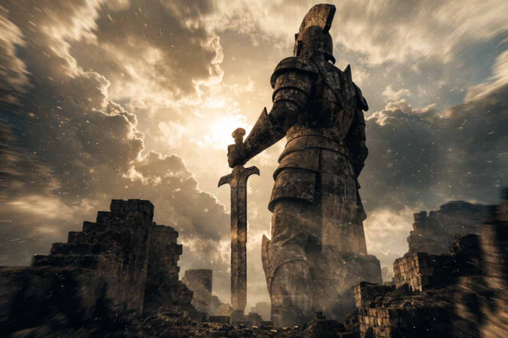 Statue ou sculpture en pierre représentant un guerrier colossal