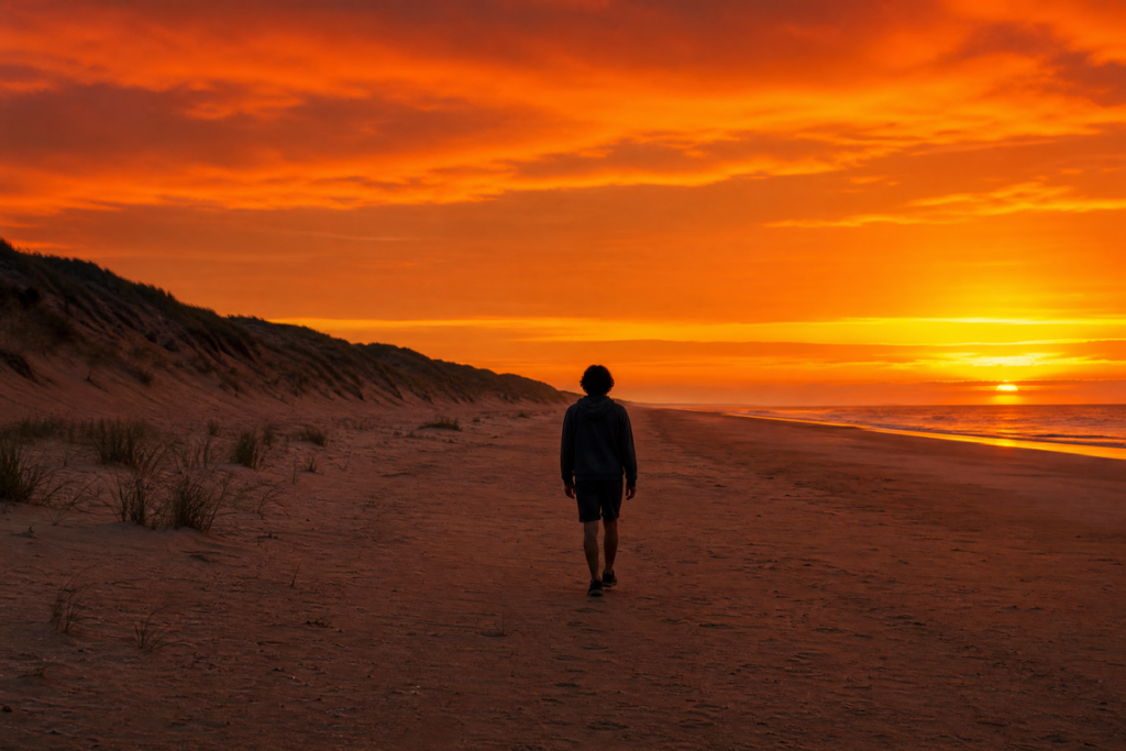 Un adolescent vu de dos marchant seul sur une plage
