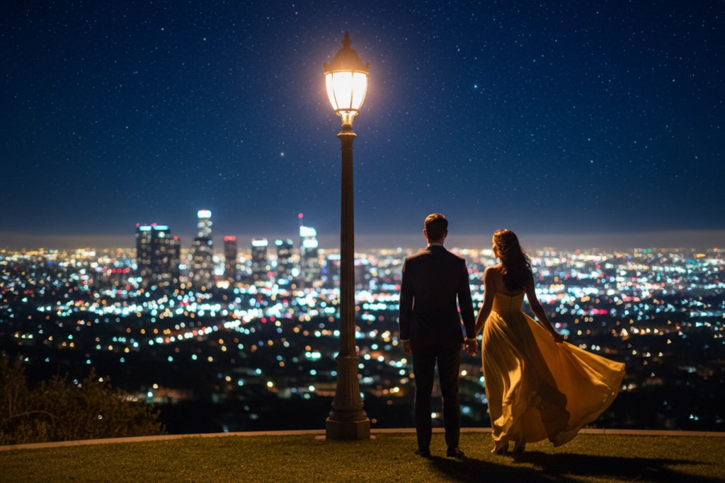 Un couple debout sous un lampadaire au sommet d'une colline