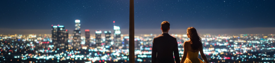 Un couple debout sous un lampadaire au sommet d'une colline