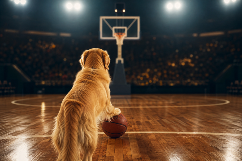 Un golden retriever tenant un ballon de basketball