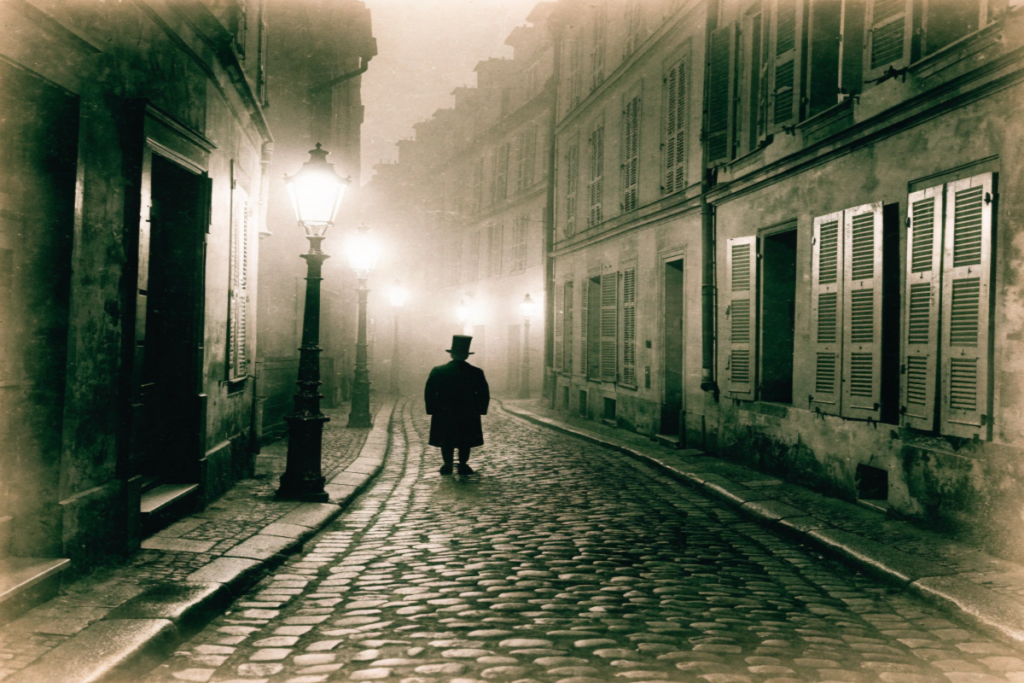 Silhouette en manteau et chapeau haut de forme au fond d’une ruelle sombre
