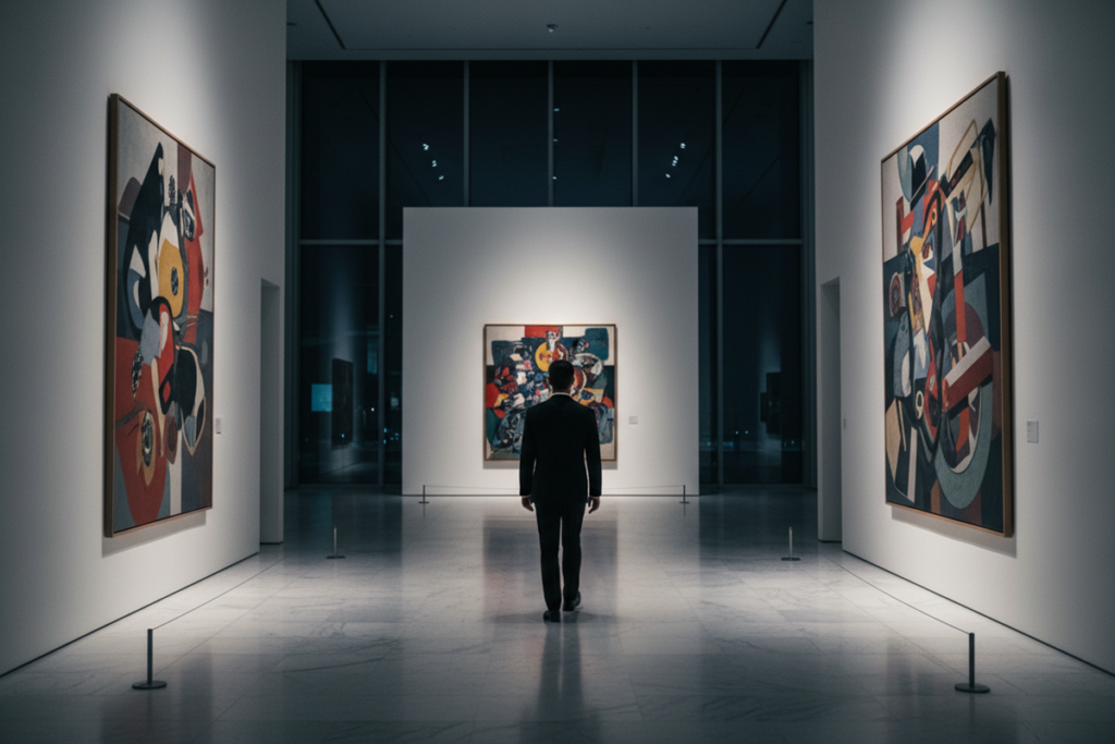 Un homme élégant marchant dans un musée d'art contemporain