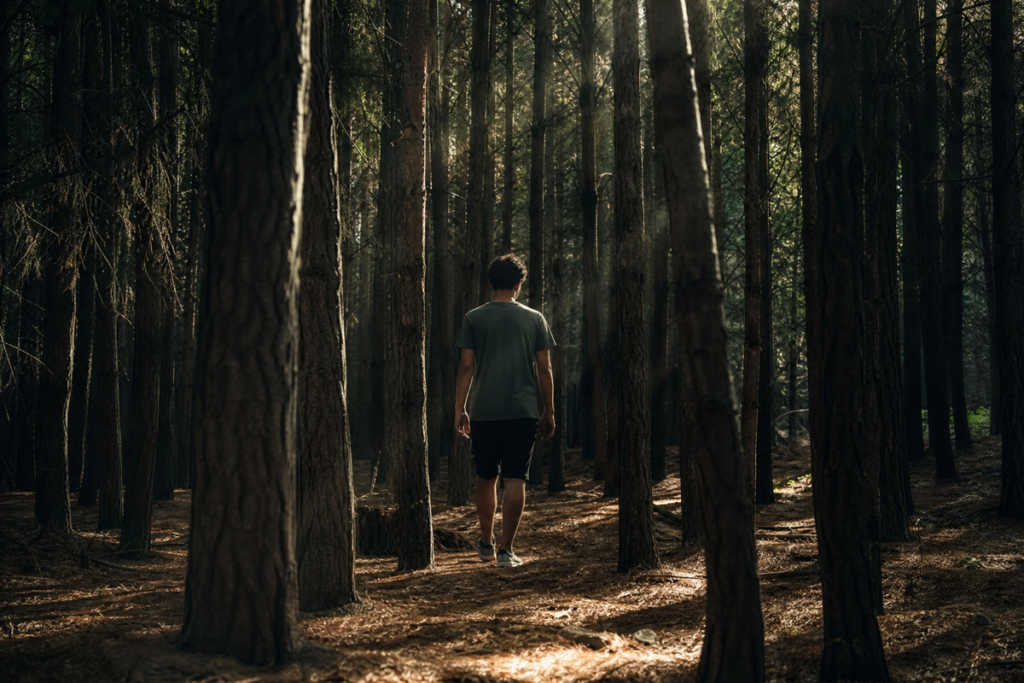Un jeune homme vu de dos traversant une forêt de pins