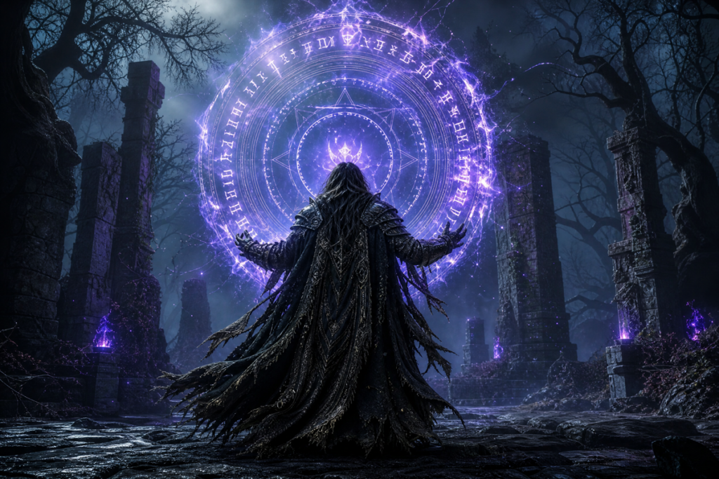 Un mage face à un immense cercle de runes lumineuses