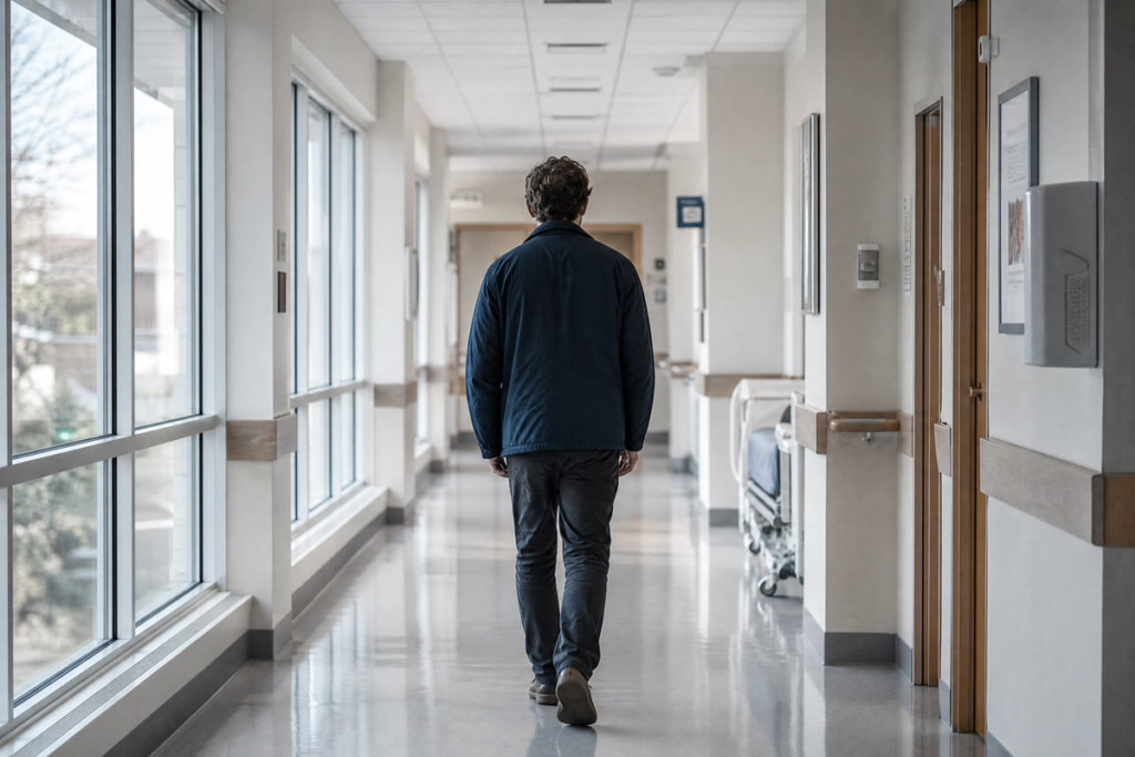 Un patient atteint de cancer dans le couloir d’un hôpital