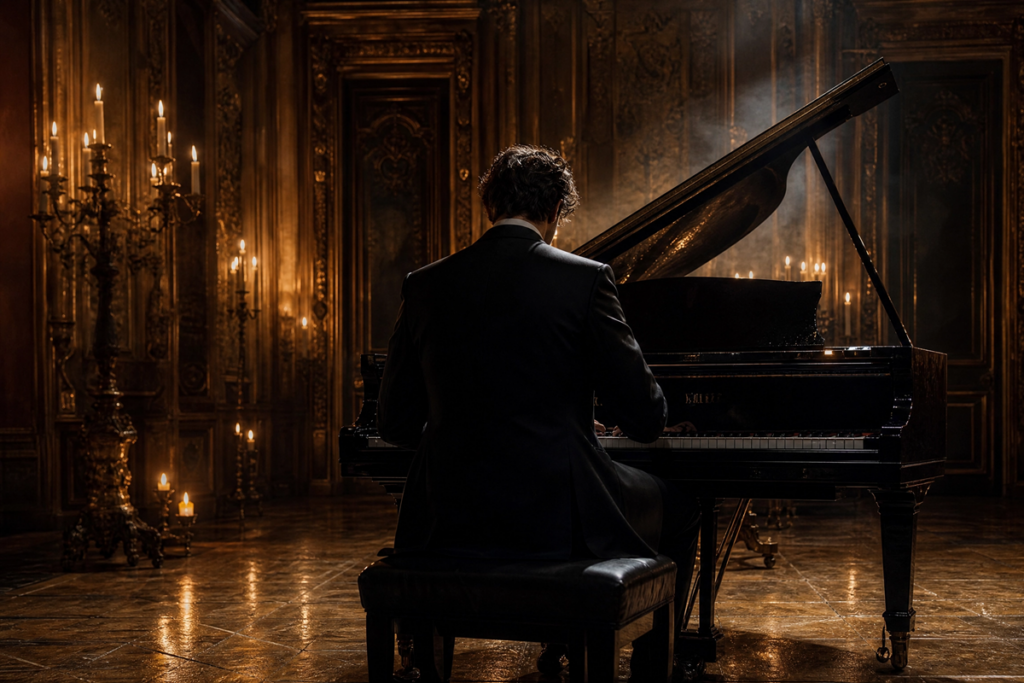 Un pianiste interprétant une mélodie sur un piano à queue comme dans Le Fantôme de l’Opéra