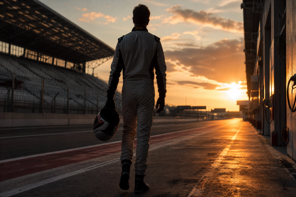 Un pilote de course debout face à un immense circuit automobile