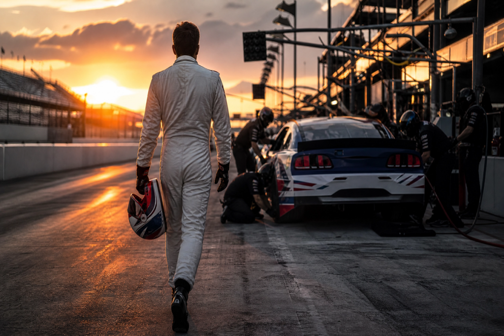 Un pilote de course vu de dos