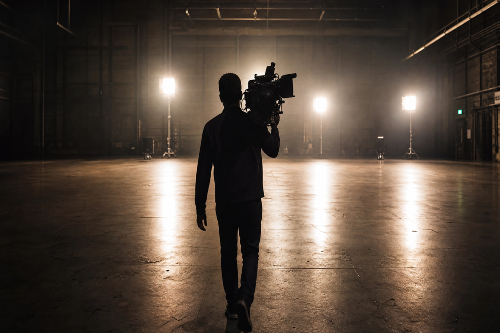 Un réalisateur seul dans un studio de cinéma vide
