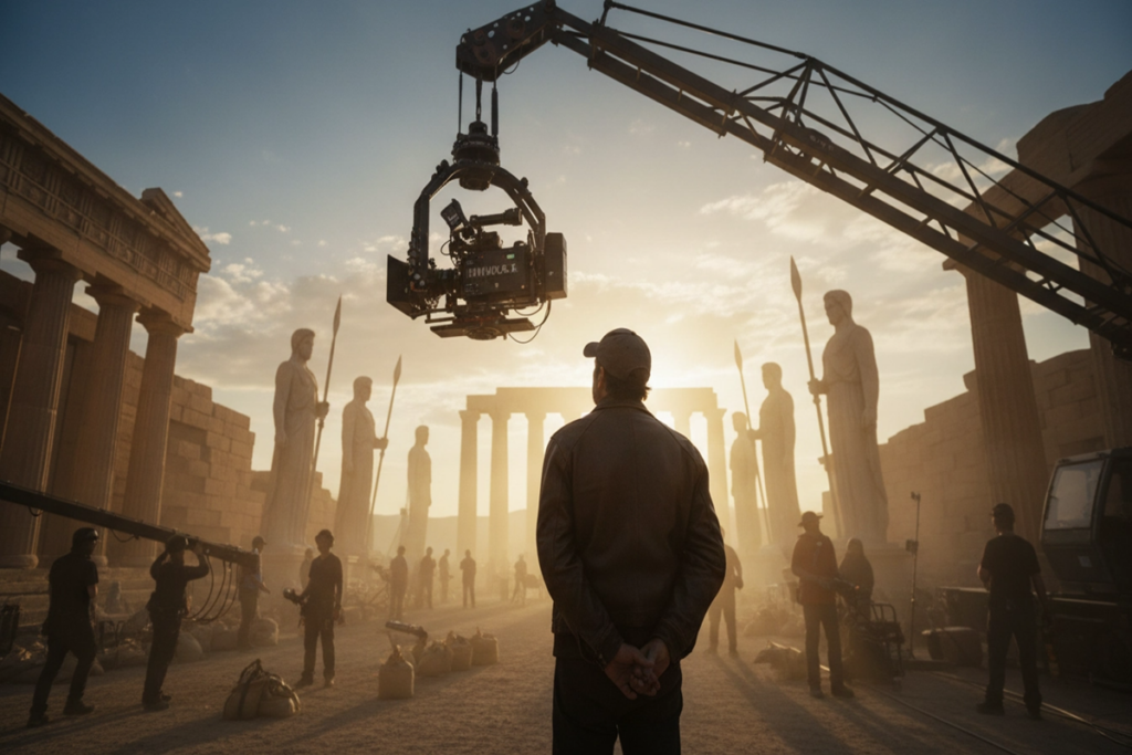 Un réalisateur sur un plateau de tournage avec une caméra IMAX