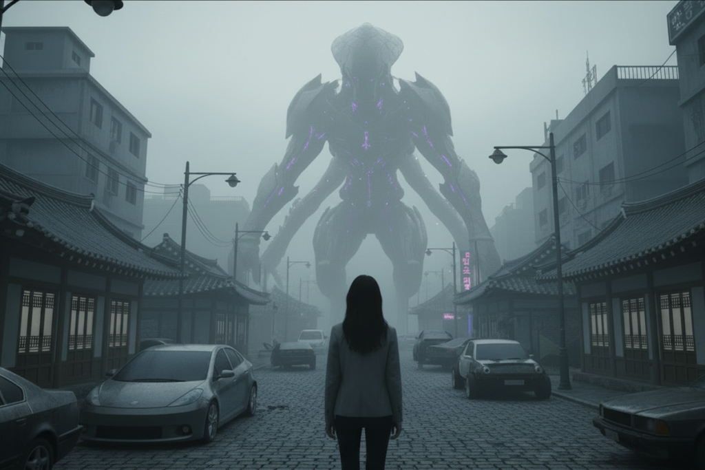 Une femme faisant face à une gigantesque créature extraterrestre