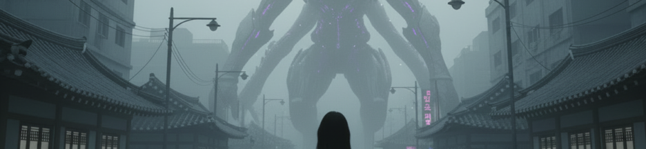Une femme faisant face à une gigantesque créature extraterrestre