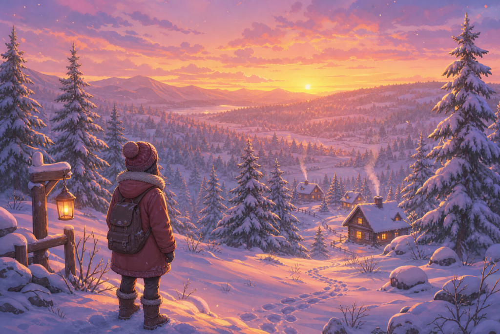 Une vaste forêt enneigée au coucher du soleil