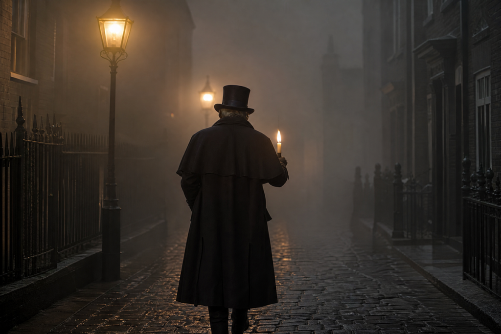 Vieil homme marchant seul dans une rue pavée la nuit