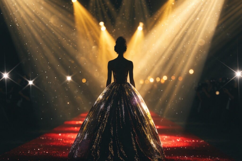 Une silhouette féminine sur un tapis rouge illuminé