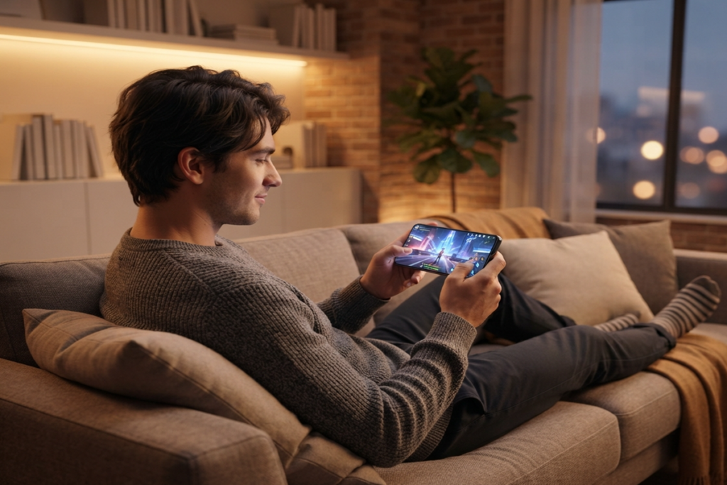 Un joueur sur son mobile