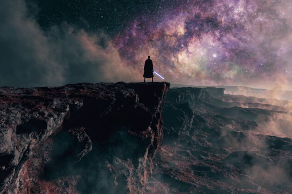 Silhouette de Jedi face à un paysage galactique inspiré d'Ahsoka saison 2