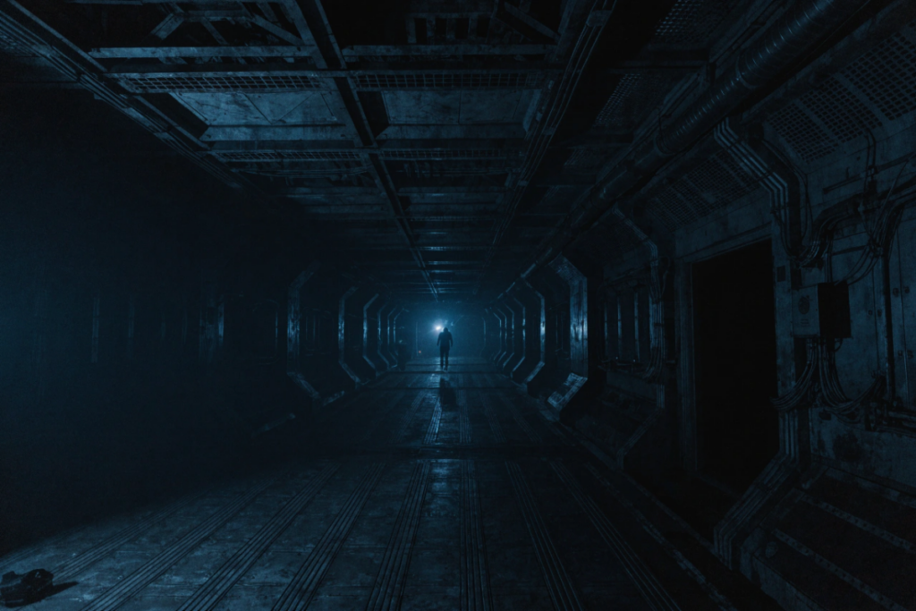 Silhouette dans un couloir sombre de vaisseau spatial, évoquant Alien: Romulus 2