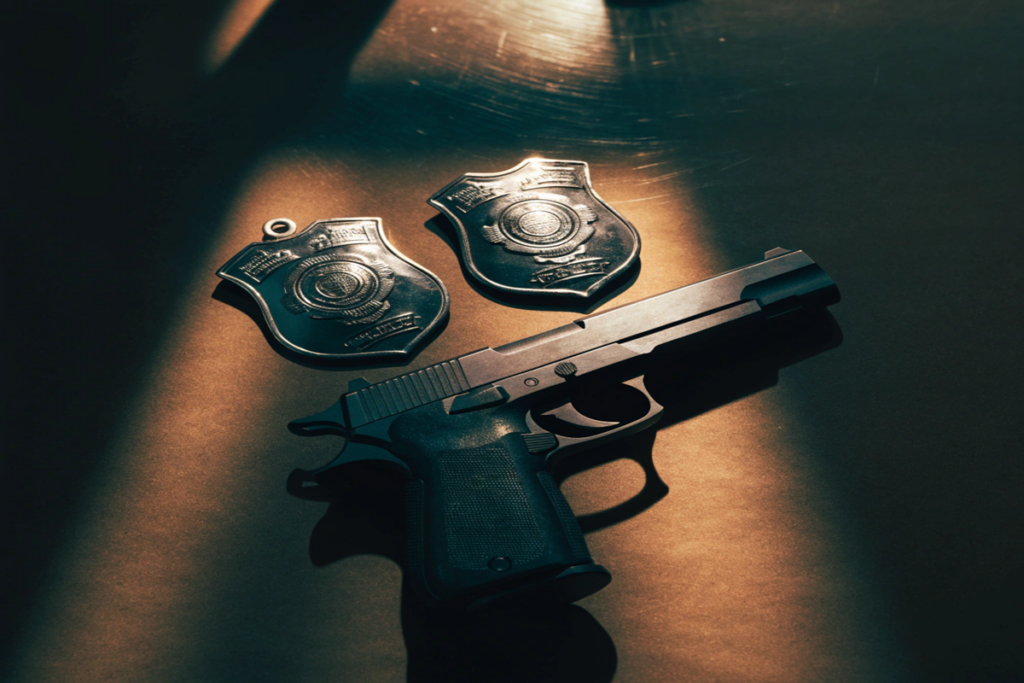 Badges de policiers et revolver sur une table, ambiance qui évoque L'Arme Fatale 5