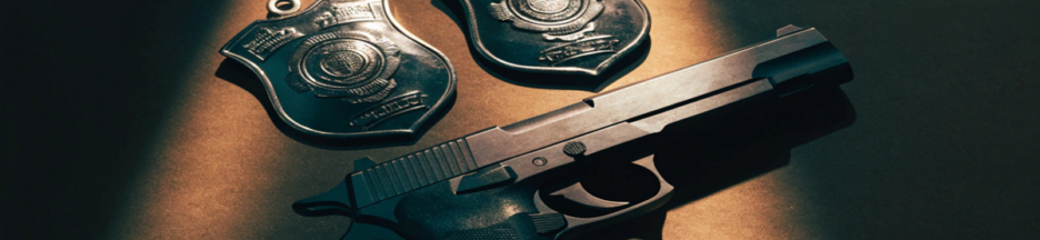 Badges de policiers et revolver sur une table, ambiance qui évoque L'Arme Fatale 5