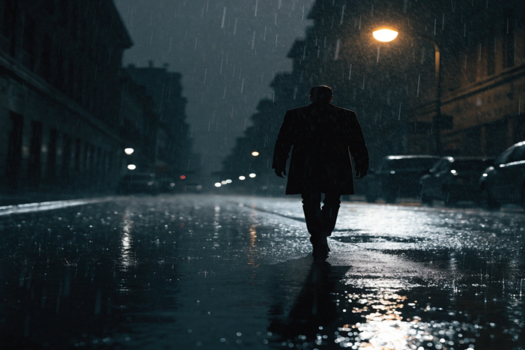 Silhouette de dos sous la pluie nocturne évoquant l'univers policier de L'Arme Fatale 5