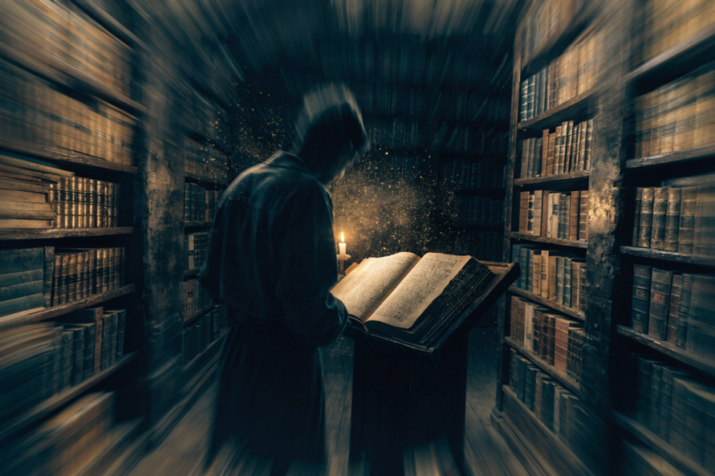 Une bibliothèque ancienne éclairée et un manuscrit évoquant The Secret of Secrets