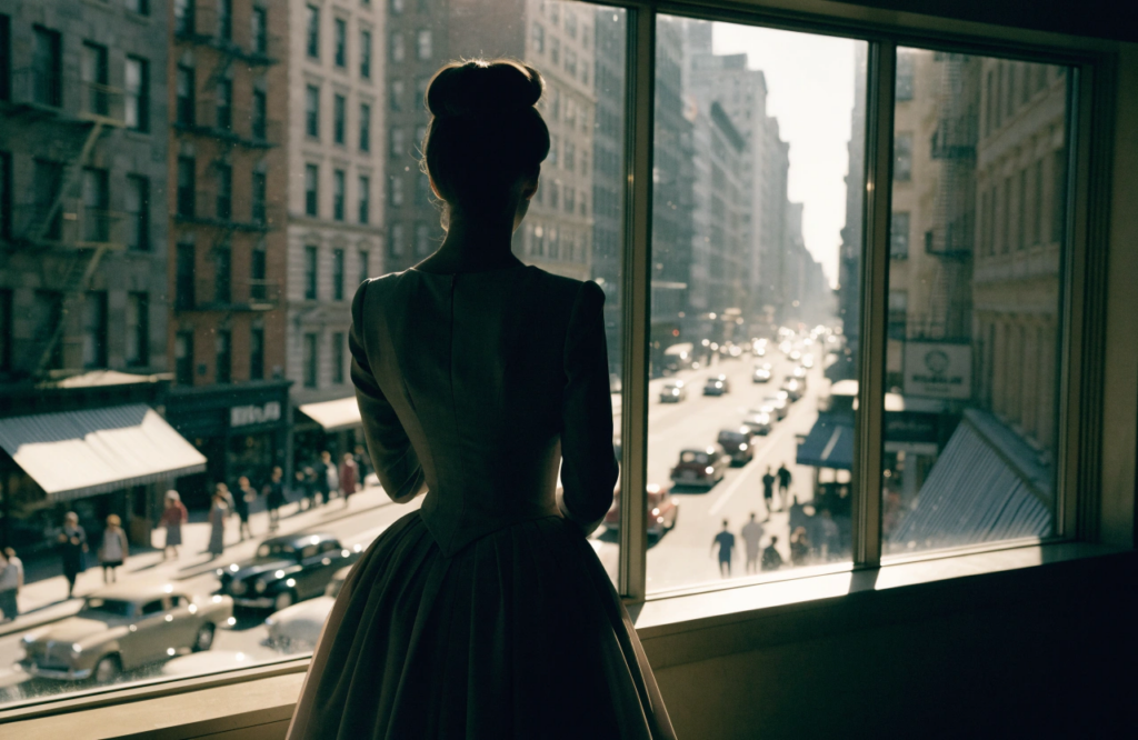 silhouette féminine de dos regardant New York dans les années 1950 évoquant Billie Eilish