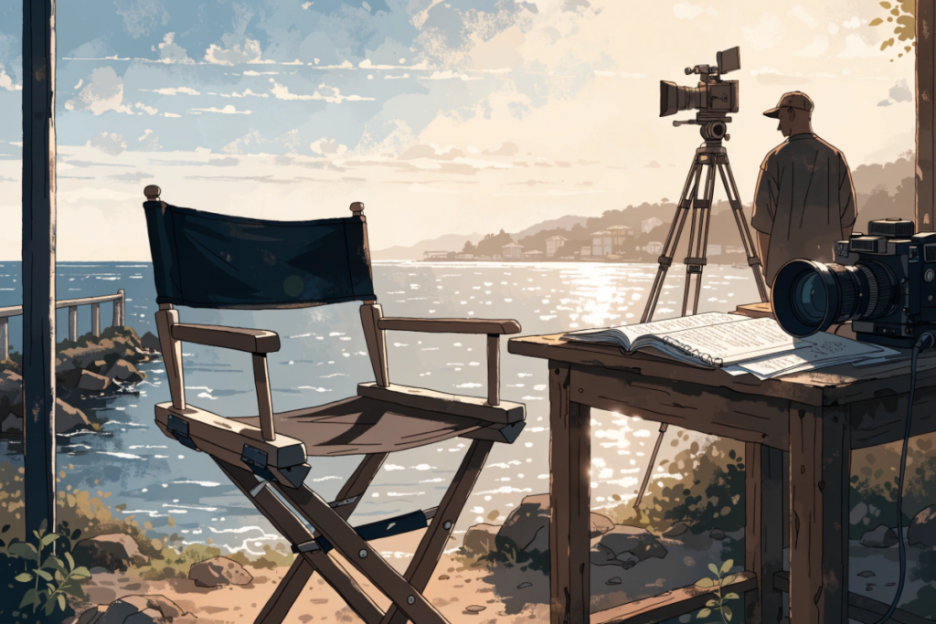 Un carnet et d'appareil photo évoquant les coulisses d'un tournage en bord de côte