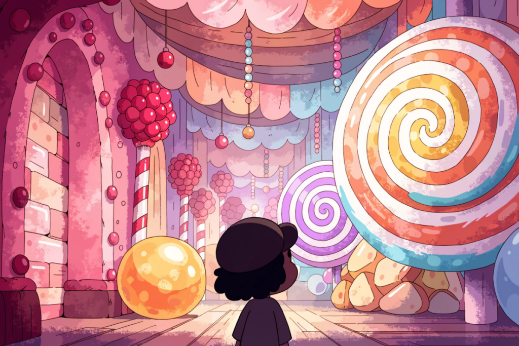 Couloir de bonbons géants illustrant l'ambiance de Charlie contre la Chocolaterie