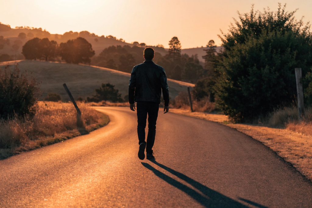 Silhouette masculine sur route californienne dans l'esprit de Cliff Booth