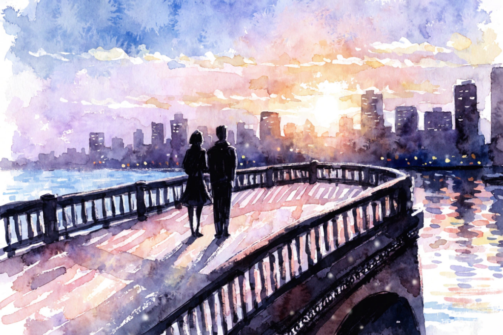 deux silhouettes de dos sur un pont au coucher de soleil dans une comédie romantique nostalgique