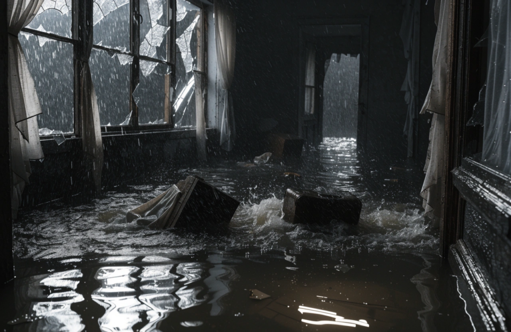 scène de chaos dans une maison inondée