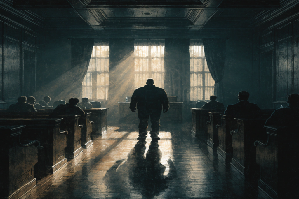 Silhouette d'un homme dans un tribunal évoquant l'intrigue de Deadlocked