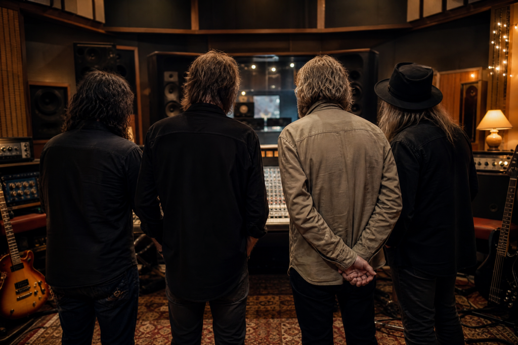 Des membres d’un groupe de rock dans un studio