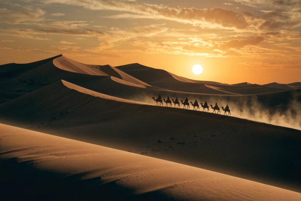 Caravane traversant le désert évoquant le film Desert Warrior