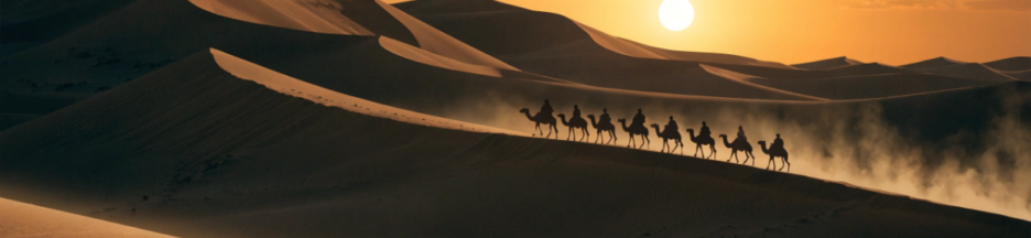 Caravane traversant le désert évoquant le film Desert Warrior