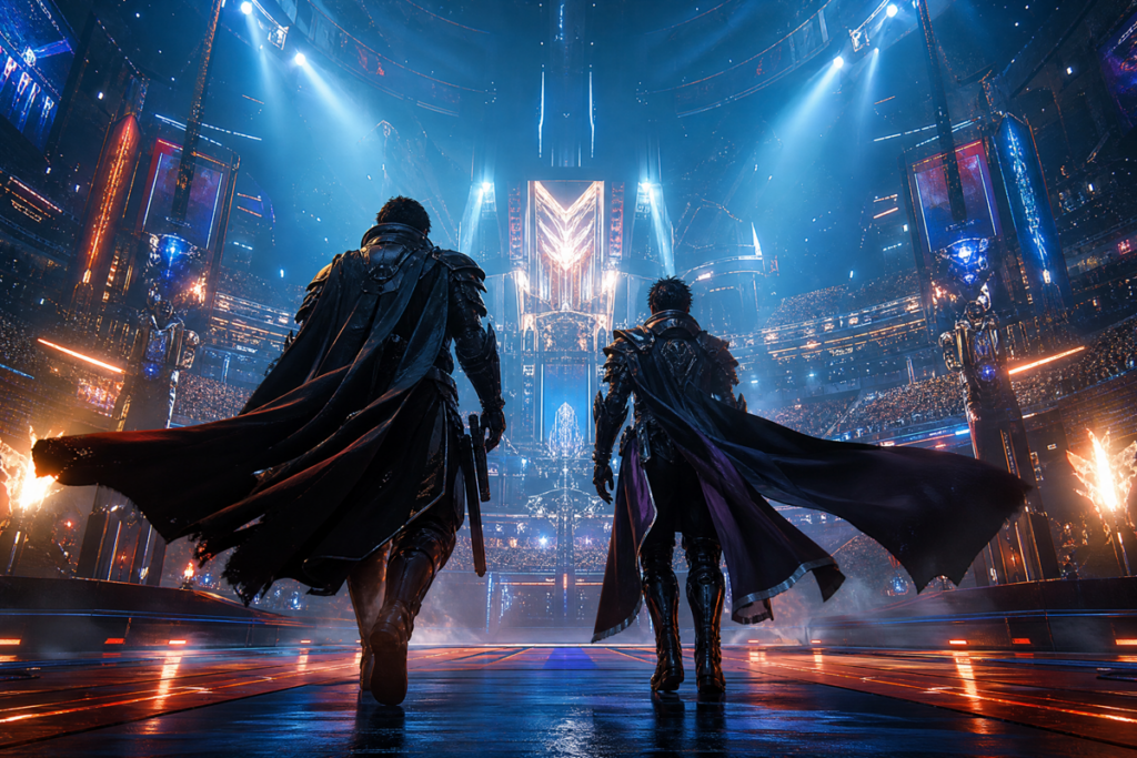 Deux combattants entrant dans une arène de combat futuriste