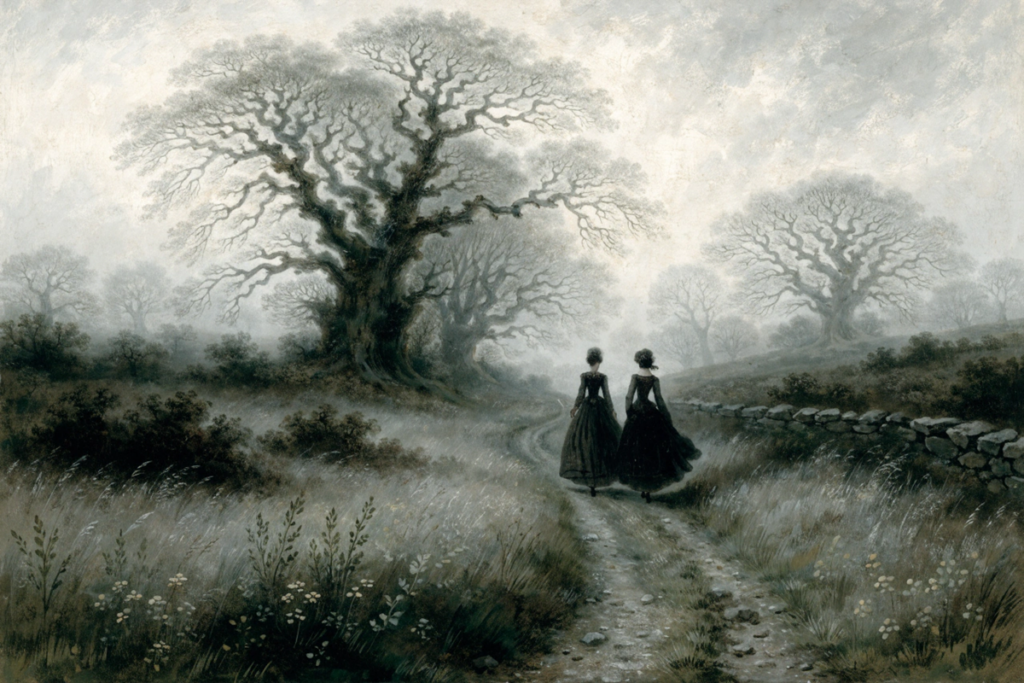 deux silhouettes féminines de dos dans une campagne anglaise brumeuse, Raison et Sentiments